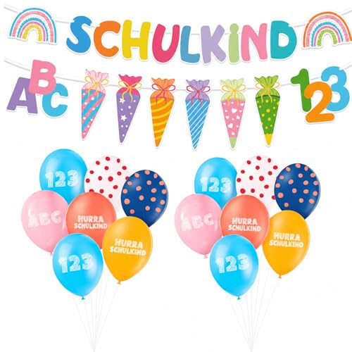 ENLACE Einschulung Deko Set,Schulkind Girlande & 24 Luftballons Einschulung | Bunt Schulanfang Deko Jungen Mädchen, 12zoll Schulkind Luftballon Schuleinführung Partydeko mit ABC Schultüte Regenbogen