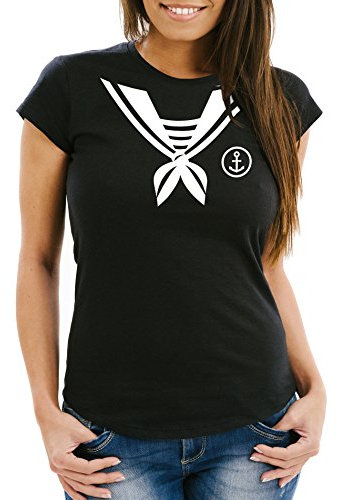 MoonWorks Damen T-Shirt Matrose Matrosin Sailor Fasching Fastnacht Kostüm Karneval Verkleidung lustig Slim Fit schwarz S