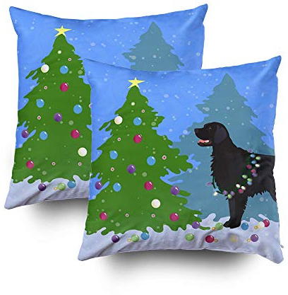 Shorping Zippered Pillow Covers Pillowcases 20X20Inch 2 Pack Black Flat Coated Retriever Christmas Forest Decorative Throw Pillow Cover Pillow Cases Cushion Cover for Home Sofa Bedding