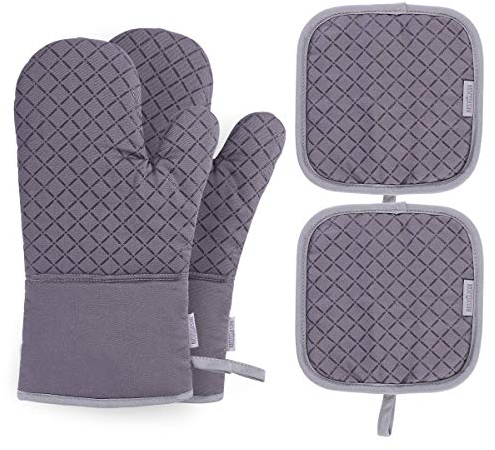BESTONZON Ofenhandschuhe und Topflappen Set, Hitzebeständige Anti-Rutsch Topfhandschuhe, Geeignet für Kochen, Backen, Grillen, (Farbe:Grau)