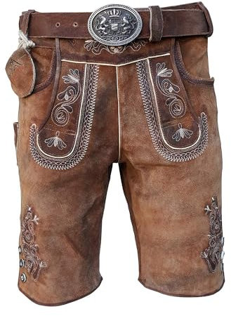 Alpenlife Kurze Herren Lederhose mit Gürtel, Braun, Speckig, Antik Look Leder, Oldtimer (Gr.44)