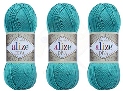 Alize Diva-Garn, Handstrickgarn, 100 % Mikrofaser, Acrylgarn, Alize Diva, Seideneffekt, Faden, Häkeln, Kunst, Spitze, Handwerk, Lot von 3 Knäueln, 400 g, 1300 m, Farbe (376 – Cyan)