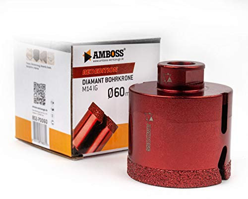 Diamant Bohrkrone Ø60mm - Amboss RED EDITION M14 - für Winkelschleifer - Feinsteinzeug, harte Fliesen, Granit - Die ideale Trockenbohrkrone