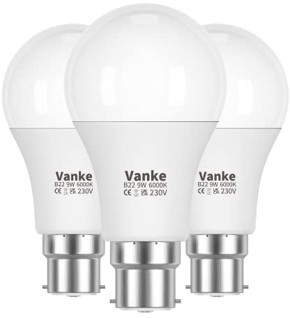 Vanke Bayonet Light Bulb 60w Equivalent, Cool White 6000K, 9w Energy Saver Bulb, 806 Lumen B22 LED Bulbs, Non-Dimmable,Pack of 3