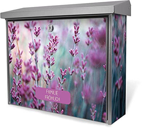 banjado® Burgwächter Briefkasten Edelstahl 38,5x31,5x12cm mit Motiv Lavendel 2 / Briefkasten Edelstahl ohne Zeitungsfach/Briefkasten grau/Postkasten inkl. Montagematerial & 2 Schlüsseln