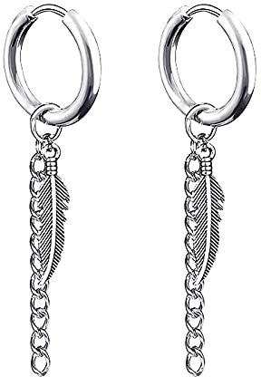 Zeayebsr Creolen mit Feder Punk Stainless Steel Leaf Stud Earrings Hinged Unisex Piercing Jewelry 1 Pair Long Chain Dangle Earrings（Feather Silver 1 Pair）