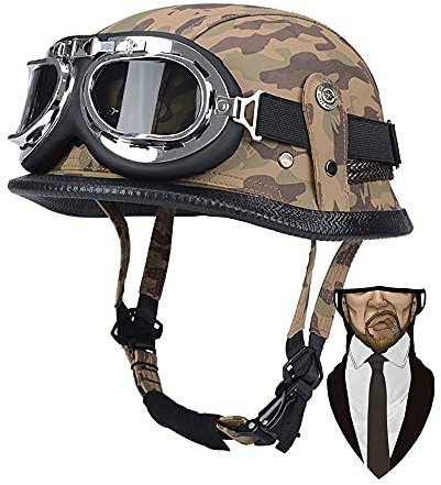 Rétro Cuir Demi Casque Moto Bol Style Allemand avec Visière UV Lunettes, Certifié Dot/ECE Casque pour Scooter Bike Cruiser Chopper Moped Casque RéTro De (55-65cm)