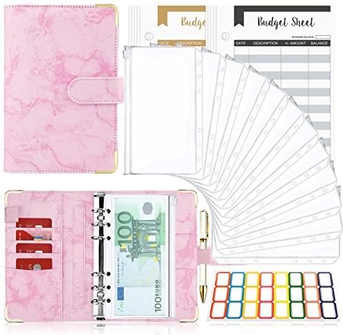 Budget Planner Budget Binder A6, Budgetplaner Geld Organizer mit Weiche PVC Tasche, TAOPE Leder Binder Notizbuch A6 Cash Stuffing, 6 Löcher Budget Planner, Haushaltsbuch mit Geldfächer Marmor Rot
