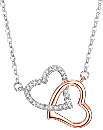 VANSZA Kette Damen 925 Sterling Silber Verschlungene Herzen Damen Halskette mit Anhänger für Mädchen Frauen mit Schmuckbox (Silber und Roségold)