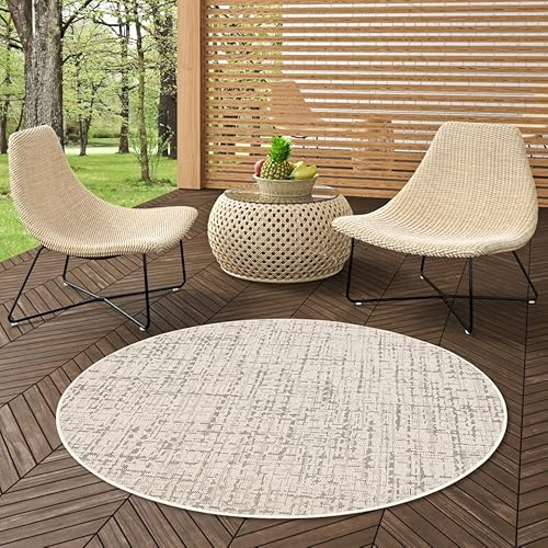 Snapstyle Kurzflor In- und Outdoor Flachgewebe Teppich Oslo Creme Schwarz Meliert Rund in 7 Größen