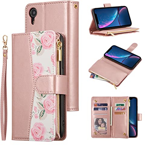 UEEBAI Handyhülle für iPhone XR, PU Leder Klapphülle mit Magnetverschluss Kartenfächern Reißverschluss Handschlaufe Hülle mit Rosen Design – Roségold