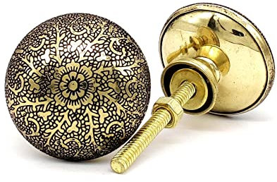 5MOONSUN5 2 Pack Antique Brass Kitchen Cabinet Knobs Pulls, Antique Gold Round Vintage Dresser Drawer Handles for Bedroom Cupboard Door, Weathered Gold Victorian Floral Pattern (Set of 2)