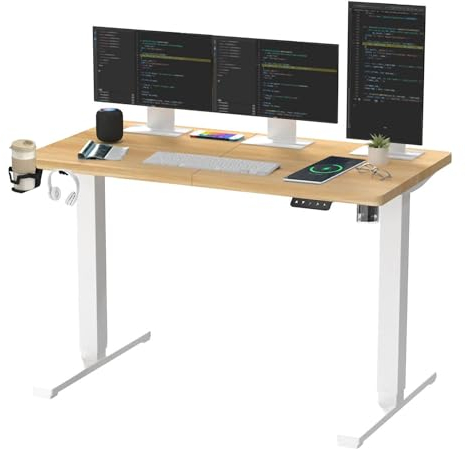 SANODESK QS1+140 * 60 Electric Standing Desk Height Adjustable Standing Desk With Memory Smart Panel Sit Stand Table With Hooks and Cupholder for Home Office (White Frame+ Maple Desktop)