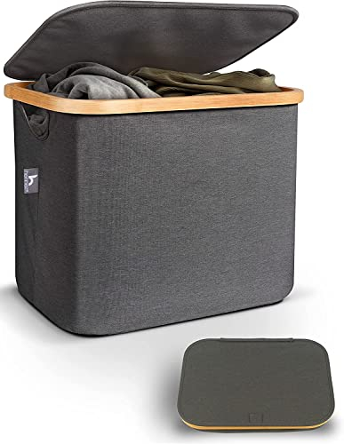 LONBET Wäschekorb mit Deckel & Bambusrahmen 50L - Faltbar, Wasserdicht, Robust, Atmungsaktiv, Einfach Montieren | Als Wäschesammler oder Aufbewahrungsbox mit Deckel Nutzbar | Laundry Baskets Hellgrau