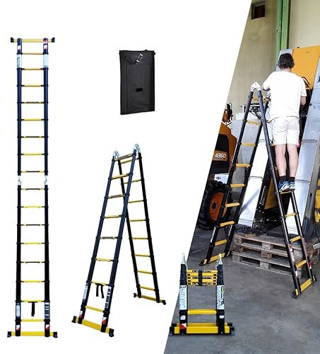 Escabeau-échelle télescopique Woerther 2 Fonctions - 3m80/1m90 - Modèle GRAFITEK - Doubles Barres stabilisatrices- avec Housse - Garantie 5 Ans