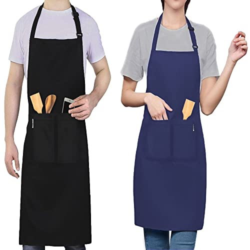 LEFUNDA® Delantal de Cocina Impermeable Con 3 Bolsillos, Ajustable Para Barbacoa, Hombres y Mujeres, Cocinar, Restaurante, Café, Hornear (Negro Azul)