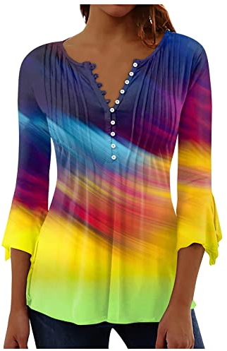 LSAltd T-Shirt Damen Weiß Polovers Damenbluse Glitzer Spitzenshirt Longshirt Damenkostüm Pfau Trägertop Lang Sommerblusen Leicht Top Bright Rainbow Tshirt, 2-Gelb