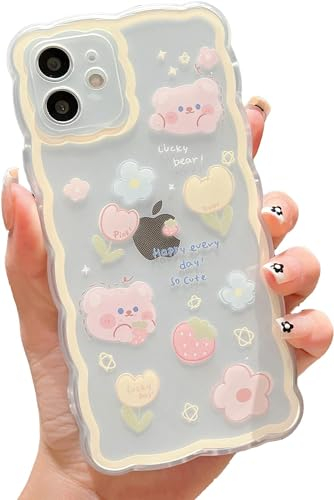 EYZUTAK Case for iPhone 11, Cute Cartoon Flower Strawberry Bear Floral Pattern Curly Wave Frame Lace Design Phone Case Clear Slim Soft Shockproof Protective TPU Cover for Women Girls - Yellow