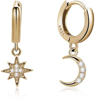 14K Gold Plated Moon and Star Earrings Huggie Hoop Earrings 925 Sterling Silver Hoop Earrings Handmade Drop Dangle Earrings for Women Girls