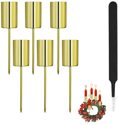 Aitsite 6 Stück Stabkerzenhalter Gold, 2.5 x 11cm Adventskranz Kerzenhalter mit Kappe und Pinzette für Stabkerzen Weihnachtsdekorationen Adventskränze und Tischdekorationen