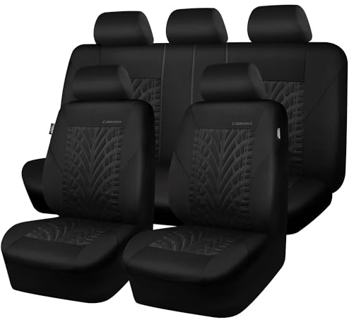 CAR PASS Fundas de Asiento de Coche, Asiento Delantero y Trasero Dividido para automóvil, Fundas Interiores con impresión de neumáticos en 3D, compatibles con Bolsa de Aire, configuración rápida