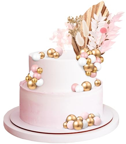 FANTESI 39 Pcs Flower Cake Toppers Decorations, Rose Gold White Cake Decorations,Gold Palm Leaves Cake Topper,Ball Cake Insert Decoration for Wedding Party Baby Birthday Shower Valentine's Day