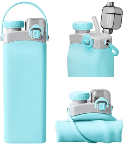 Nefeeko Collapsible Water Bottles, 600ml Silicone Reusable Water Bottle with Straw and Strap, Leakproof Foldable Sports Water Bottle for Travel Camping Running Hiking Gym, BPA Free (Blue)