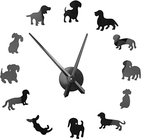 Oewnvmd DIY Dackel Wandkunst Wiener-Hund Welpe Hund Haustier rahmenlose riesige Wanduhr mit Spiegeleffekt Wurst Hund Uhr Wanduhr Schwarz