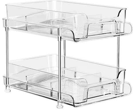 TEHEO Lot de 2 Coulissant Rangement - Organisateur sous evier Cuisine - étagère Rangement sous evier Cuisine Coulissant- Tiroir Coulissant Cuisine avec Séparateurs Amovibles - Transparente