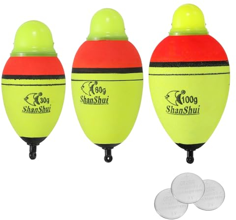 PATIKIL 1oz,2.1oz 3.5oz Beleuchtete Angeln Rutschen Bobber mit Batterie 3 Pack Eva Beleuchtung Angeln Schwimmer für Nachtangeln Gelb