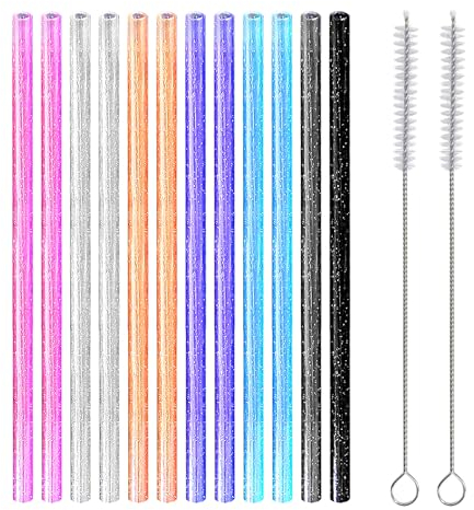 12 pajitas brillantes, 2 cepillos de pajita, pajitas reutilizables, decoraciones de cóctel, pajitas de jugo de té con leche para zumo, hielo y más (colorido)