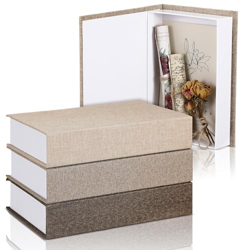 Tioncy, 3 Stück neutrale Leinen-Buchbox, dekorativ, Aufbewahrungs-Attrappen, moderne Landhausdeko für Tisch, Karten, Fotos, Erinnerungsstücke (21,8 x 15,5 x 4,6 cm, Khaki, Dunkelbraun, Hellbraun)
