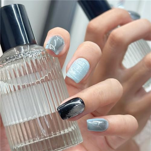 Coffin Kurz Handmade Nails Dark Black Shiny Blue Press on Nails French Tips Nail Art Decoration for Women and Girls Manicure 10pcs (M)