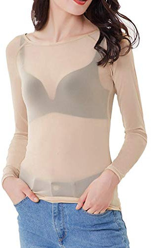 VDDTAGAM Rhinestone Bodysuit Long Sleeve Mesh Top for Women Sheer Shirt Night Out Outfit Lace Corset Top La (Apricot,M)