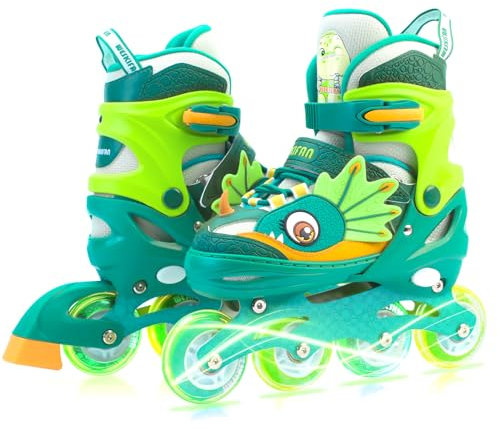 Dinosaurier Inliner für Kinder Junge Mädchen Inline Skates Größen Verstellbar mit Leuchtenden Rädern Kinder Rollschuhe für Teenager Anfänger Geburtstags und Weihnachts Geschenke