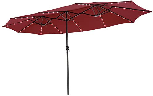COSTWAY Parasol de Jardin Double 470 x 280 CM avec 48 LED à Énergie Solaire, Parasol Extra Large avec Manivelle, Parasol Jumeau avec Évents et Panneau Solaire à Chargement Automatique (Vin Rouge)