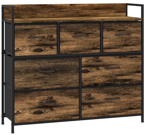 HOMCOM Kommode aus Stoff Aufbewahrungsschrank mit 7 Schubladen, Ablage Kommodenschrank mit Stahlgestell Schrank für Schlafzimmer, Wohnzimmer Rustikal-Braun