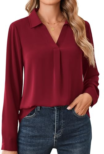 Beluring Langarmshirt Damen Elegant V-Ausschnitt Hemdbluse Langarm Bluse Einfarbig Arbeit Shirt
