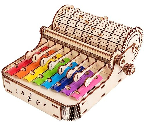 YIWEOG 8-Ton-Xylophon-Klavier-Bausatz, 8-Noten-buntes Xylophon, Handkurbel, Vintage-Glockenspiel-Sets aus Holz, Holz-Percussion-Musikinstrument für ab 14 Jahren