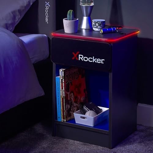 X-Rocker Carbon-Tek Gaming Bedside Table Unit with Built-in Wireless Charging and Ambient RGB Lighting, Gaming Bedroom Furniture Side Cabinet End Table with Drawer and Storage Shelf - GREY/BLUE