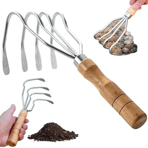 Rastrello per vongole rastrelli a mano Rastrello per vongole in acciaio a 4 denti Rastrello a mano antiscivolo con manico in legno Robusto rastrello per vongole multiuso per vongole giardinaggio