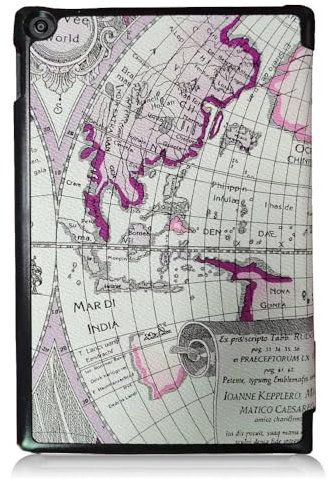 Huanghua Funda para tablet Amazon Kindle Fire HD 8 (5ª generación, versión 2015), funda delgada de piel vegana plegable con función de encendido y apagado automático (mapa morado)