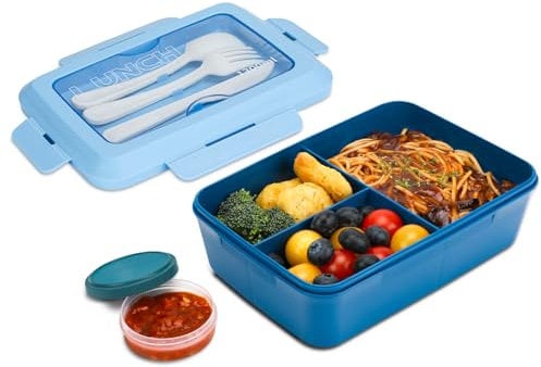 Oamwrae Bento Lunch Box avec Couverts pour Enfants et Adultes, 1300 ml Boite Repas Compartiment, Boite a Lunch Étanche pour L'école, Bureau, Camping, Passe au Micro-Ondes et au Lave-Vaisselle