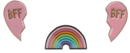 Rainbow BFF Themed Gift Set Collection Of 3 Pin Badges Including BFF Left Heart, BFF Right Heart And A Rainbow