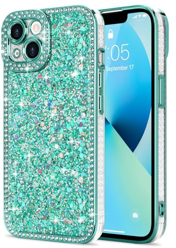 Lafunda for iPhone 13 Case for Womens Girls, Luxury Bling Glitter Diamond Crystal Festival Shiny Case Camera Protection Shockproof Silicone TPU Phone Cover for iPhone 13 6.1, Green