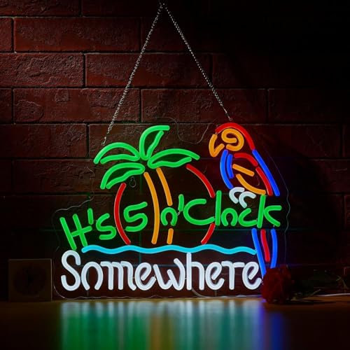 It's 5 Oclock Somewhere LED Neon Signs for Wall Decor Neon Wall Art Acrylic LED Lights with Hanging Chain Light Up Signs for Bedroom Decor Man Cave Bar Pub Wedding Party 5V USB Operated Dimmable