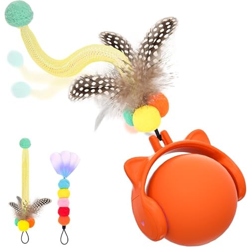 GoldenSun Jouet pour Chat, Balle Automatique avec Queue en Plumes pour Chats d'intérieur, Jouet Rebondissant et Gazouillant Activé par Le Mouvement, 3 Modes d'éclairage LED, Rechargeable par USB