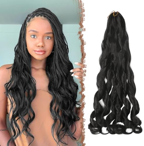 FESHFEN French Curls Braiding Hair Schwarz Kunsthaar Einflechten Extensions | 3 Packs 60 cm Crochet Braids Extension Loose Wave Bouncy Haarverlängerung Locken Pre Stretched Braided Extensions für Damen