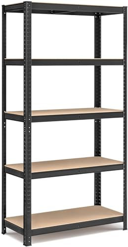 Bricodem Scaffale in Metallo Zincato e MDF Per Carichi Pesanti Portata 875 kg Con 5 Ripiani Regolabili da 175 kg Per Garage, Magazzini, Cantine 180x90x40 cm (Nero)