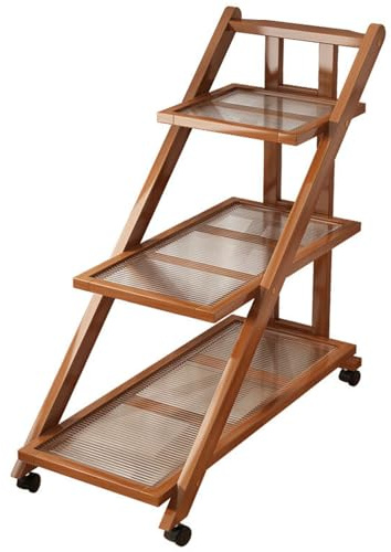 RYDZCLH Table D'appoint Roulante, Table D'appoint sur roulettes avec Rangement, Table Pliable À 3 Niveaux, Table D'appoint en Bambou pour Canapé, Chambre, Salon, Cuisine,Changhong Style Brown
